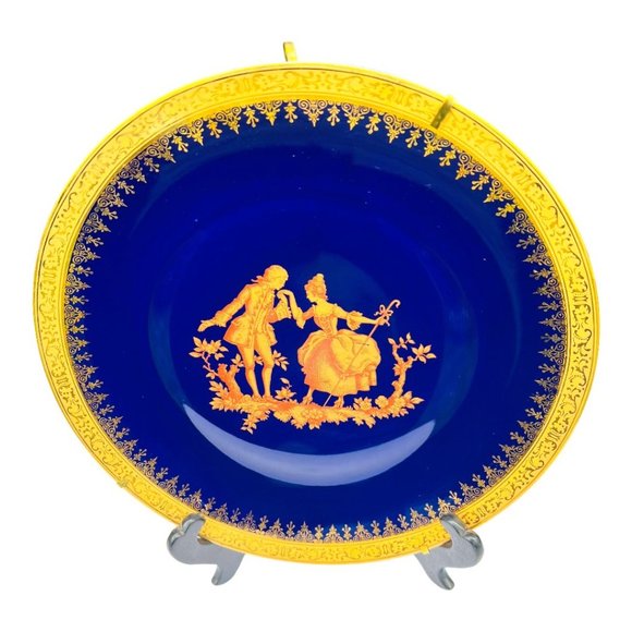 Limoges Castel France 10” Plate Cobalt Blue 22k Gold Trim "The Proposal" - Picture 2 of 10
